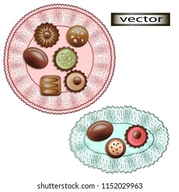 Vector illustration of candies on the lace napkin top view of a luxurious dessert, a gift for the holiday.