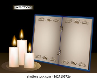 Vector illustration of a candle and a book vintage with gold embossed pattern