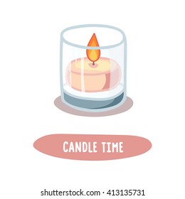 Vector illustration of candle in glass. Hand drawn burning candle in glass. Candle time lettering. 