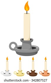 Vector illustration of a candle and holder, in five different colors.