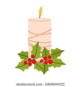 Ilustración vectorial de una vela con hojas huecas y bayas de invierno. Composición festiva para Navidad y año nuevo aislada en un fondo blanco.