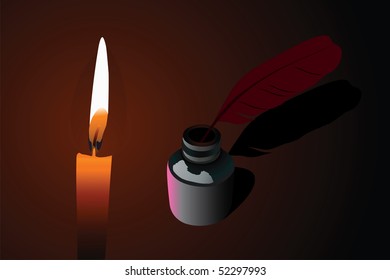  Vector illustration of candle and ink pen into  phial