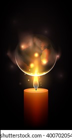 Vector illustration of candle and the planet Earth with smoke and bright sparks. Earth Day