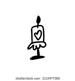 Vector illustration of a Candle for Valentine's Day with a black line on an isolated background.Single,simple,festive picture in doodle style.Design for cards,stickers,posters,web,packaging.