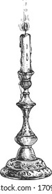 Vector illustration of candleholder. Single candle holder lamp. Vintage hand drawn engraving style.