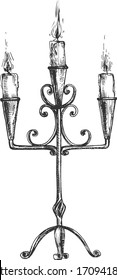 Vector illustration of candleholder. Triple candle holder. Vintage hand drawn engraving style.