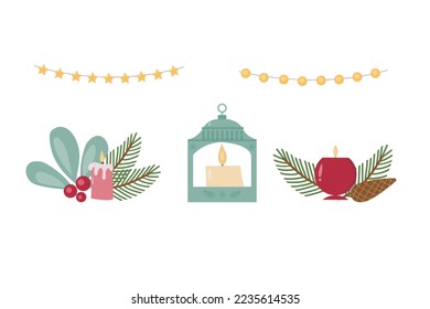 Ilustración vectorial con velas y guirnaldas, decoración para tarjetas, invitaciones y más
