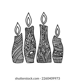 Vector illustration. Candles with hand-drawn patterns.