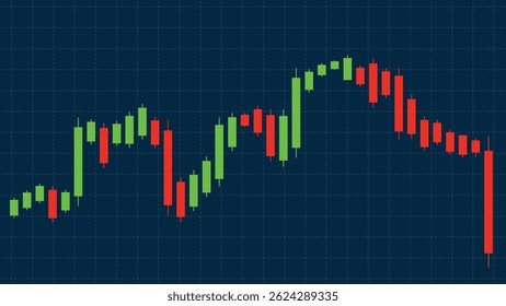 Vector illustration of a candlestick chart with green and red bars on a dark grid background, representing market trends