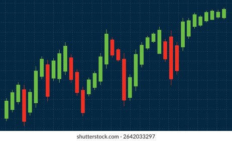 Vector illustration of a candlestick chart with green and red bars on a dark grid background, highlighting financial trends