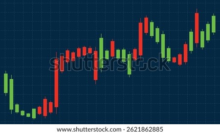 Vector illustration of a candlestick chart with red and green bars on a dark grid background, representing financial data trends