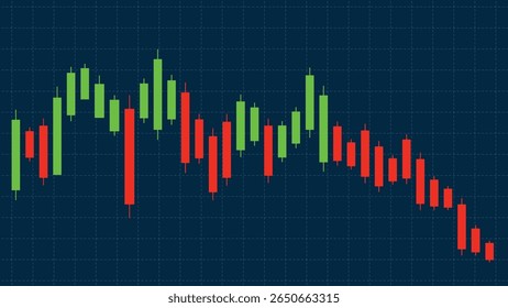Vector illustration of a candlestick chart with vibrant red and green bars on a dark grid background