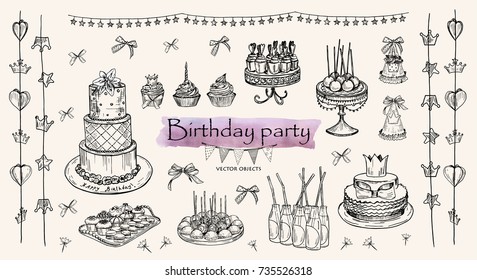 Vector illustration. Candy bar vector set. Birthday party attributes. Pen style vector sketch.