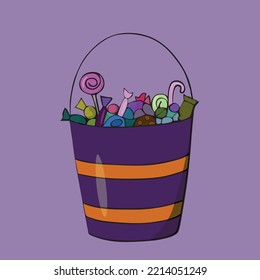 vector illustration candy bucket, bucket for halloween, sweets or life