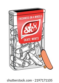 Ilustración vectorial de la caja de caramelos llena de patinetas. Arte para imprimir en camisetas, carteles, etc......