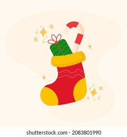 Vektorgrafik von Candy Cane mit Geschenkbox innerhalb von Wollsock Element.