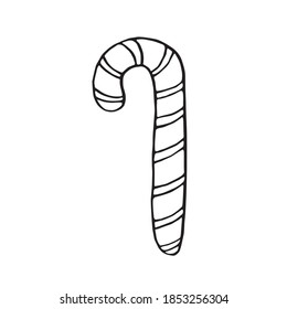 Vector illustration of candy cane, Lollipop in style of Doodle. Hand drawn black outline on isolated white background. For xmas design, invitations new year holidays, merry Christmas, greeting cards