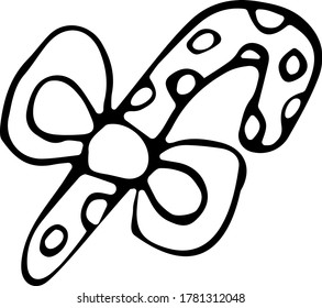 Vector illustration of a candy cane with a ribbon bow in the Doodle style. Black outline on an isolated white background. Concept of new year holidays, happy new year, merry Christmas. Can be used for