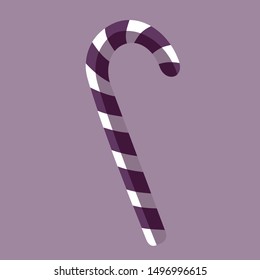 Vector illustration of candy cane sweet stick. Christmas or New Year festive flat icon. White cane with purple stripes isolated on purple background. Gift or greeting card print template