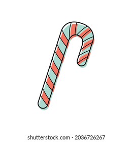 Vector illustration of candy cane sweet stick. Christmas and new year flat icon. Candy cane isolated on white background. 