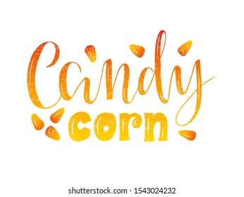 Vector illustration of candy corn brush lettering for banner, flyer, poster, clothes, confectionary or patisserie logo, advertisement design. Handwritten text for template, signage, billboard, print. 