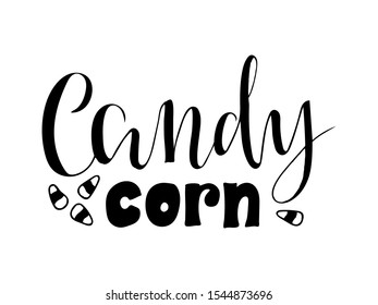 Vector illustration of candy corn brush lettering for banner, flyer, poster, clothes, confectionary or patisserie logo, advertisement design. Handwritten text for template, signage, billboard, print. 