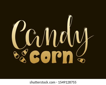 Vector illustration of candy corn brush lettering for banner, flyer, poster, clothes, confectionary or patisserie logo, advertisement design. Handwritten text for template, signage, billboard, print. 