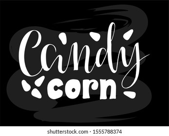 Vector illustration of candy corn brush lettering for banner, flyer, poster, clothes, confectionary or patisserie logo, advertisement design. Handwritten text for template, signage, billboard, print. 