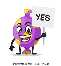 vector illustration of candy mascot or character holding sign says yes
