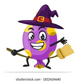 vector illustration of candy mascot or character wearing witch costume and ride flying broom