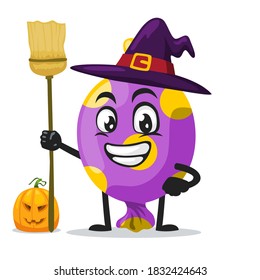 vector illustration of candy mascot or character wearing witch costume and holding broom