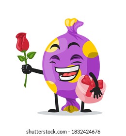 Vektorgrafik von Süßigkeitsmaskottchen oder Zeichen geben Blume und halten rosa Geschenk