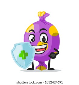 vector illustration of candy mascot or character holding shield for protection