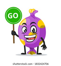 vector illustration of candy mascot or character holding sign says go