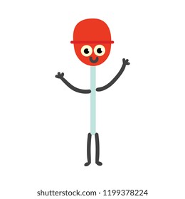 Vector illustration of candy on stick cartoon character in flat style - cute emoticon of red sugar lollipop with smiling face standing and waving hand isolated on white background.