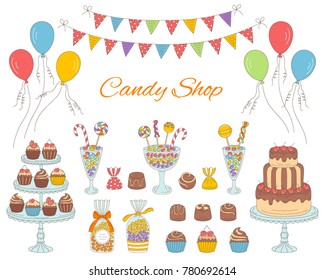 Vector  illustration of Candy shop with colorful sweets, candies in glass jars, lollipops, sweetmeats, assorted chocolates, cupcakes, cherry chocolate cake, air balloons and bunting flags. 