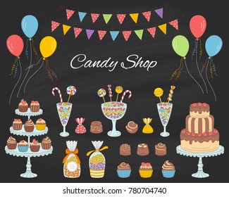 Vector  illustration of Candy shop with colorful sweets, candies in glass jars, lollipops, sweetmeats, assorted chocolates, cupcakes, cherry chocolate cake, air balloons and bunting flags. 