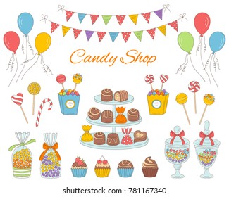 Vector  illustration of Candy shop with colorful sweets, candies in glass jars, lollipops, sweetmeats, assorted chocolates, cupcakes, air balloons and bunting flags. 
