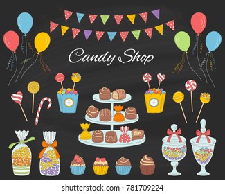 Vector  illustration of Candy shop with colorful sweets, candies in glass jars, lollipops, sweetmeats, assorted chocolates, cupcakes, air balloons and bunting flags. 
