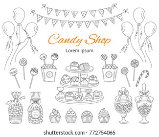 Vector  illustration of Candy shop with sweets, candies in glass jars, lollipops, sweetmeats, assorted chocolates, cupcakes, air balloons and bunting flags. Hand drawn doodle illustration.
