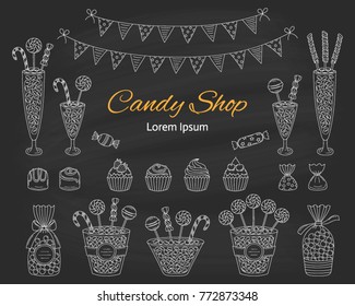 Vector  illustration of candy shop with sweets, candies in glass jars, lollipops, sweetmeats, assorted chocolates, cupcakes and bunting flags. Hand drawn doodle illustration.

