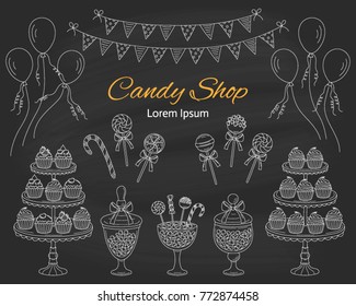 Vector  illustration of candy shop with sweets, candies in glass jars, lollipops, sweetmeats, candy cane, cupcakes, air balloons and bunting flags. Hand drawn doodle illustration.
