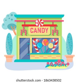 vector illustration of a candy store. illustration of the exterior facade of the store building. Store facades isolated on a white background. Vector illustration in flat style