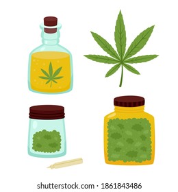 Ilustración vectorial de hoja de cannabis, ganja y aceite en botellas aisladas en blanco. Planta de marihuana al estilo de las caricaturas.