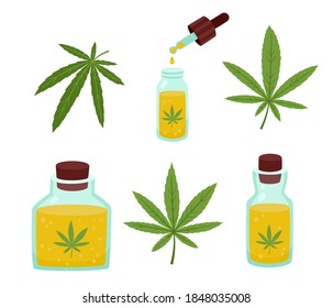Vector illustration of cannabis leaf and oil in bottles isolated on white. Marijuana plant in cartoon style.