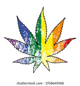 ilustración vectorial de una hoja de cannabis con colores arcoiris aislados en blanco. Diseño para camisetas y stickers de la cultura del cannabis.