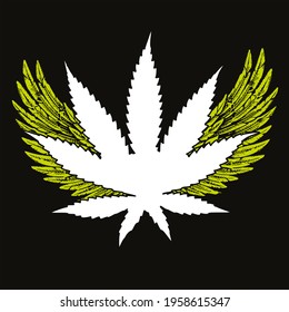 ilustración vectorial de una hoja de cannabis con dos alas abiertas. Diseño para afiches, pegatinas o camisetas.