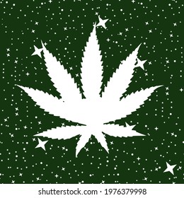 vector illustration of a cannabis leaf with  white stars on green background.. Design for posters, stickers or t-shirts.