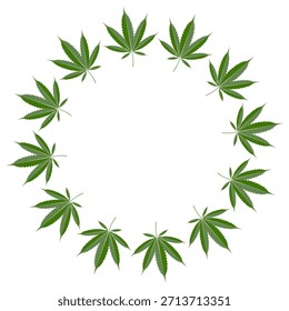 Ilustração vetorial de uma coroa de folha de cannabis arranjada em uma forma circular apertada em um fundo branco, ideal para cannabis medicinal, marca de cbd, embalagem e rótulos de produtos.