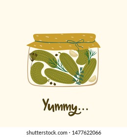 Vector illustration of canned cucumbers. Healthy food. Elements for design